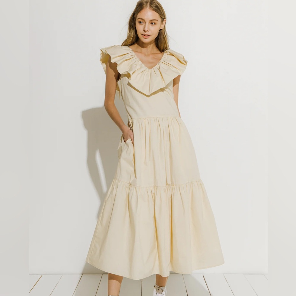 English Factory Ruffled Neck Sleeveless Midi Dress